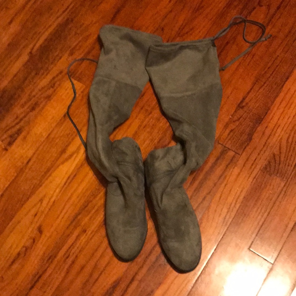 Gray knee high suede boots